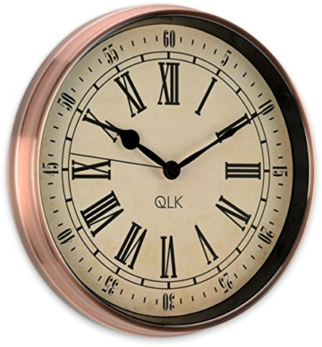 QLK Nostalgie Wanduhr Kupfer PITTO, ohne Tickgeräusche, Antik Optik, Shabby, geräuscharme Uhr, Kupferuhr, Vintage ø32 cm - 2